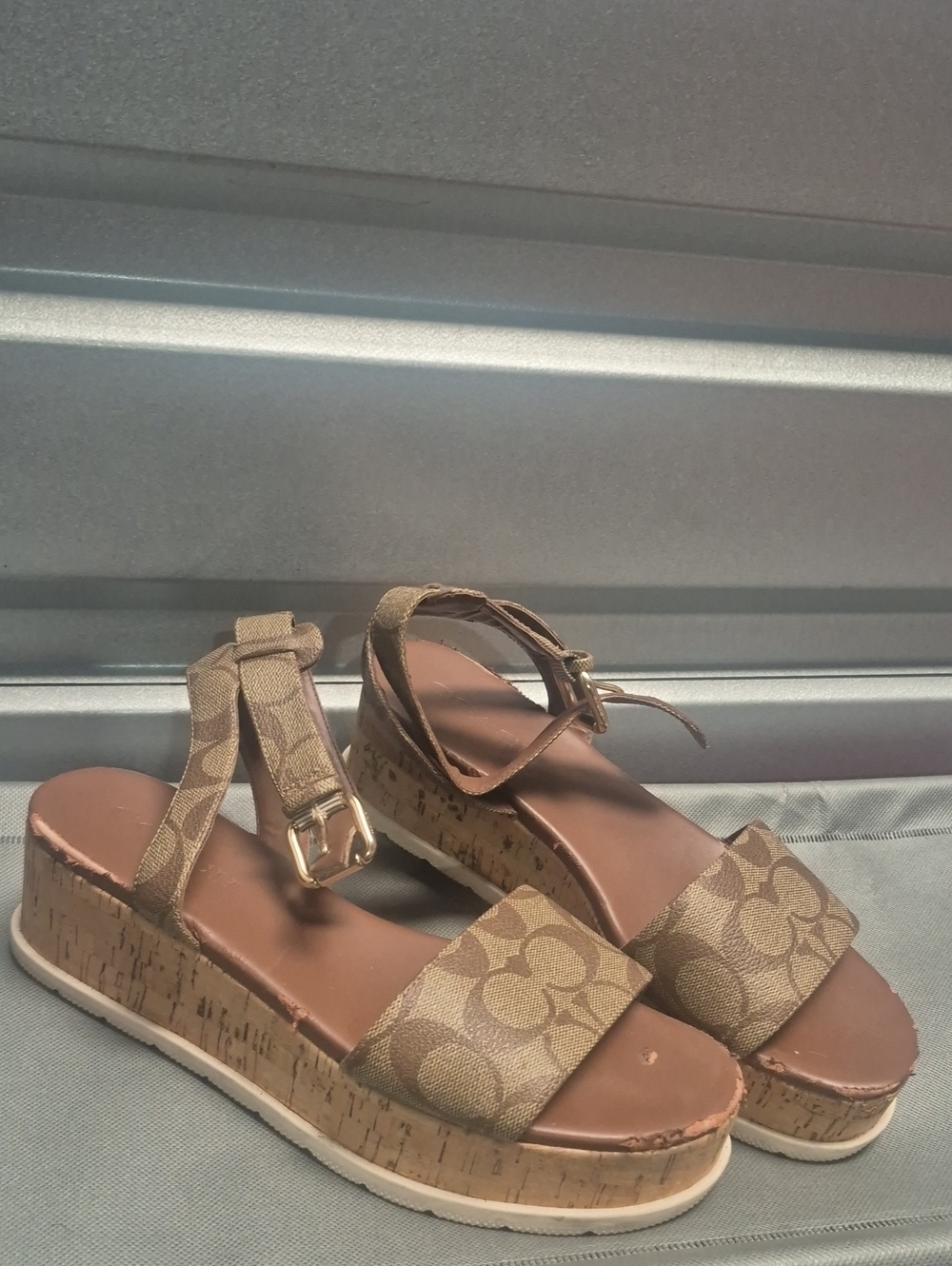 Coach Tan Signature Canvas Cork Platform Sandals